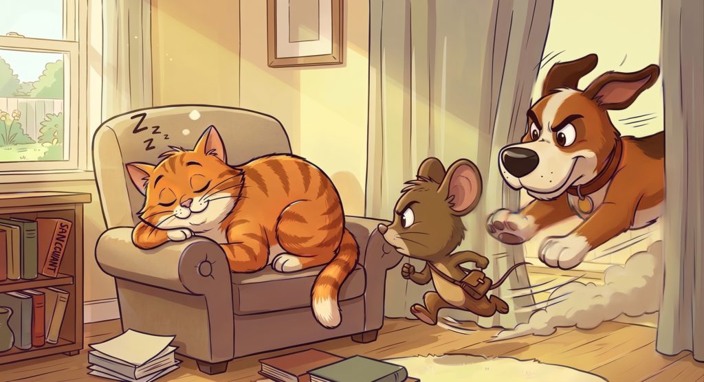 Le chat, que la souris, que le chien poursuit, regarde, dort